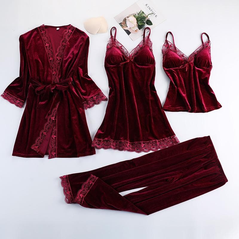 Four-piece Set of Women's Pajamas, Autumn and Winter Velvet Home Clothes, Sexy Lace Pajamas, Suspenders, Nightgown, Bathrobe Dress M