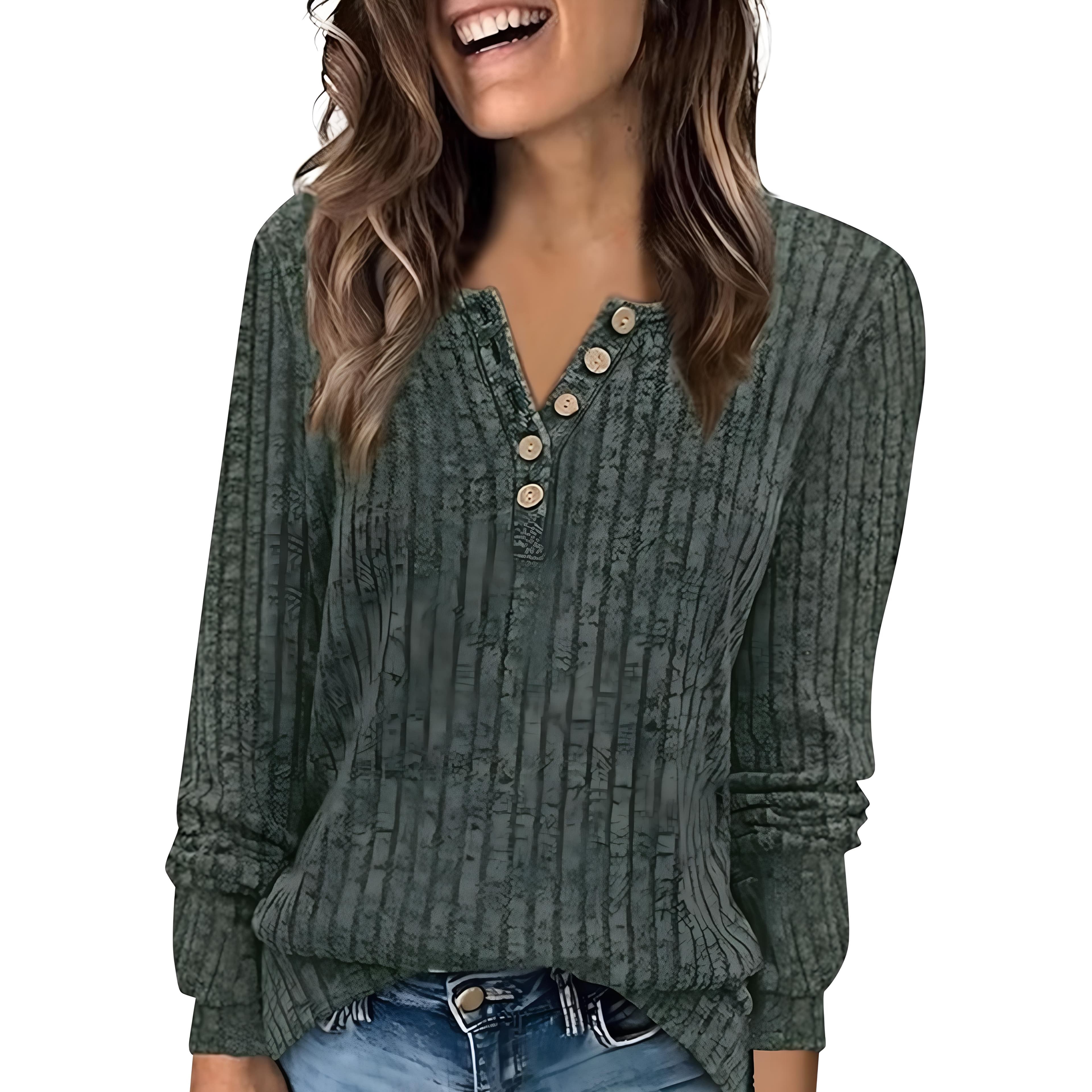 Women's Fashion Long Sleeve T-Shirt Solid Color Button Decoration Top M dark green