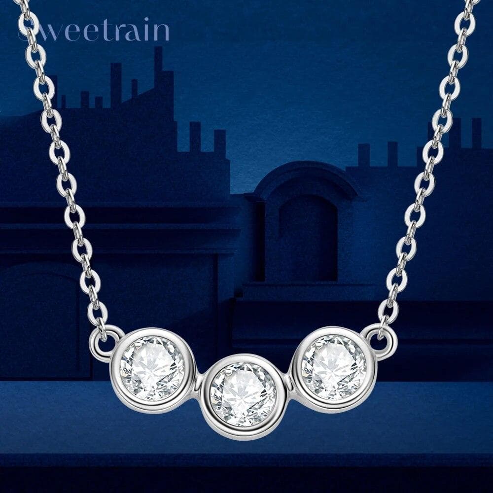 Sweetrain 4mm Moissanite Pendant Necklaces Original 925 Sterling Silver 3 Stone Diamond Clavicle Chain for Women Simple Jewelry 45cm white gold