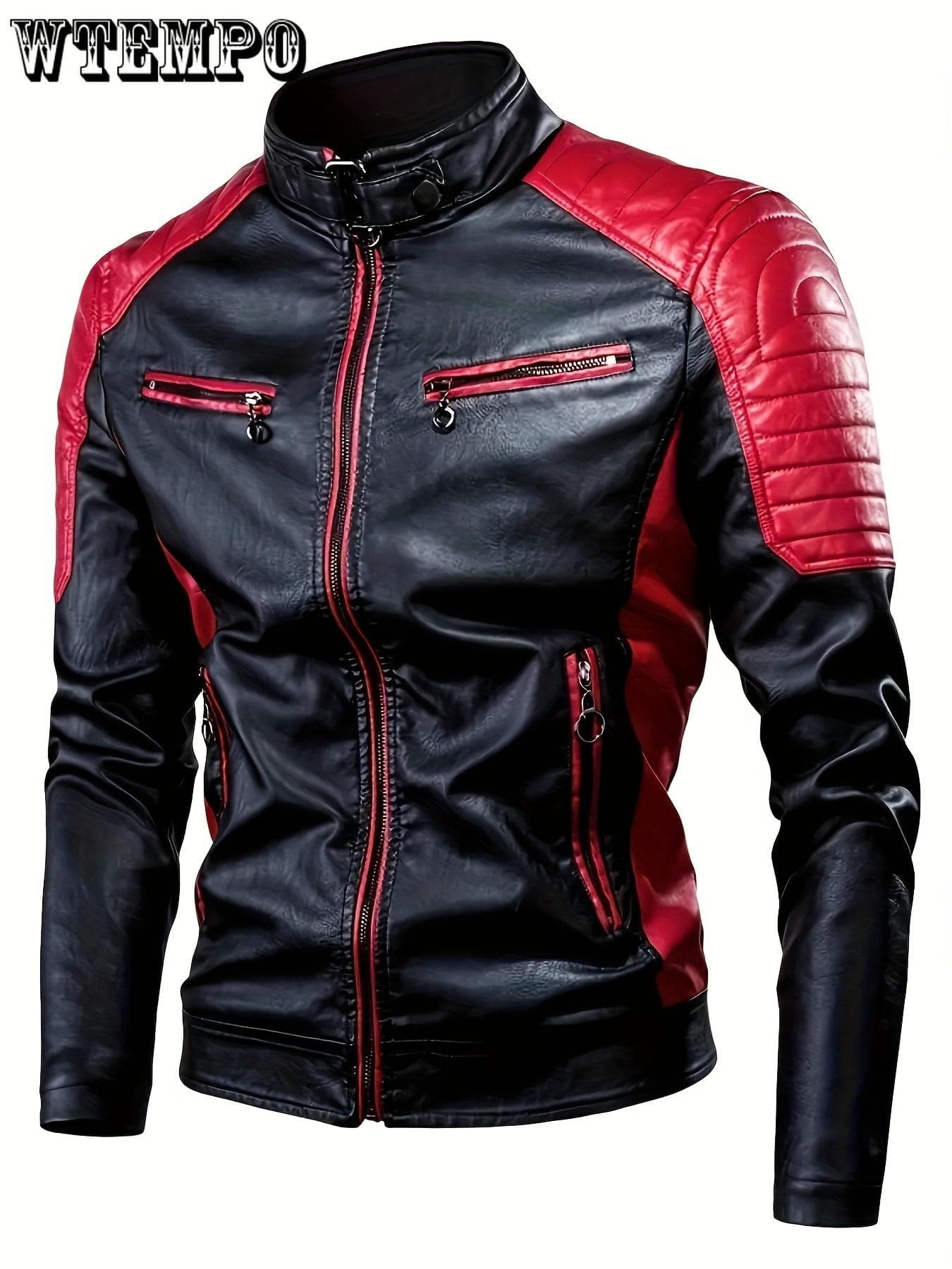 Men's Color Matching PU Leather Jacket With Multi Zipper Pockets, Casual Breathable Stand Collar Zip Up Long Sleeve Jacket - PU Leather XXXXXL