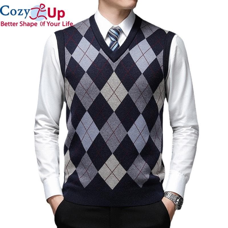 Cozy Up Pullover Diamond Sweater V Neck Knit Vest Men Wool Sleeveless Casual Men Knitted vest large sizes XL Dark blue