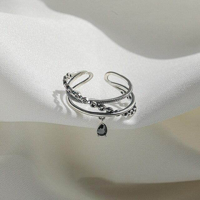 ANENJERY Three-layer Cross Black Zircon Water Drop Chain Open Ring for Women Resizable