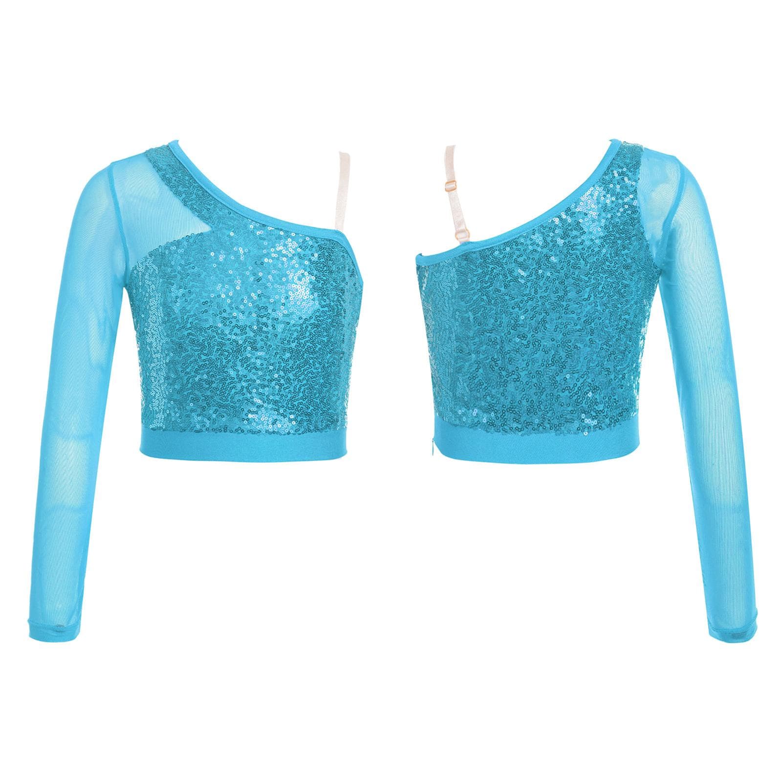 Shiny Sequin Crop Top for Girls Long Sleeve One Shoulder Jazz Hip Hop Ballet Dance Tops Dancewear 5-6 Years light blue
