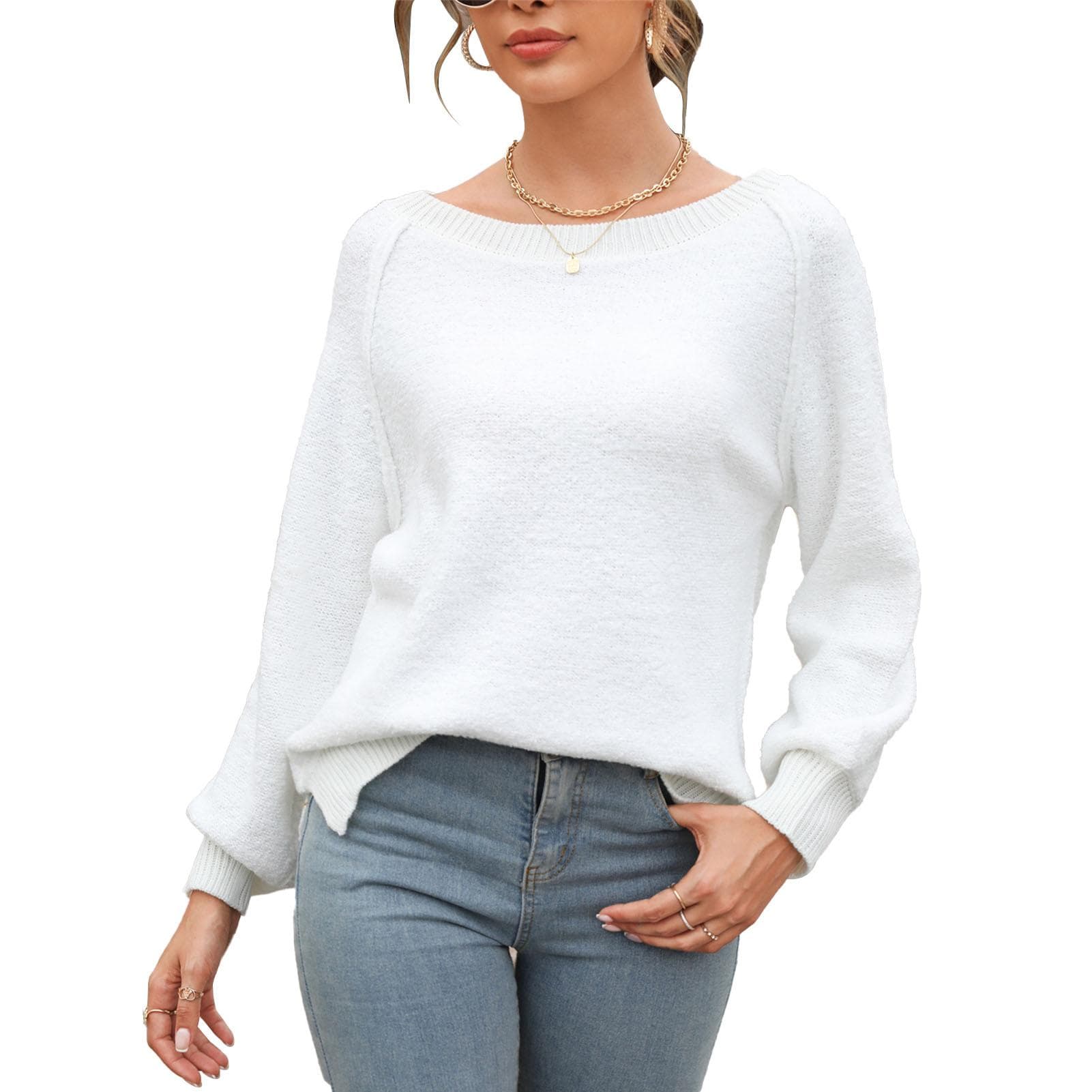 Women Pullover Sweater Boat Neck Long Sleeve Plain Pattern Stylish Casual Knit Pullover White XL XL white