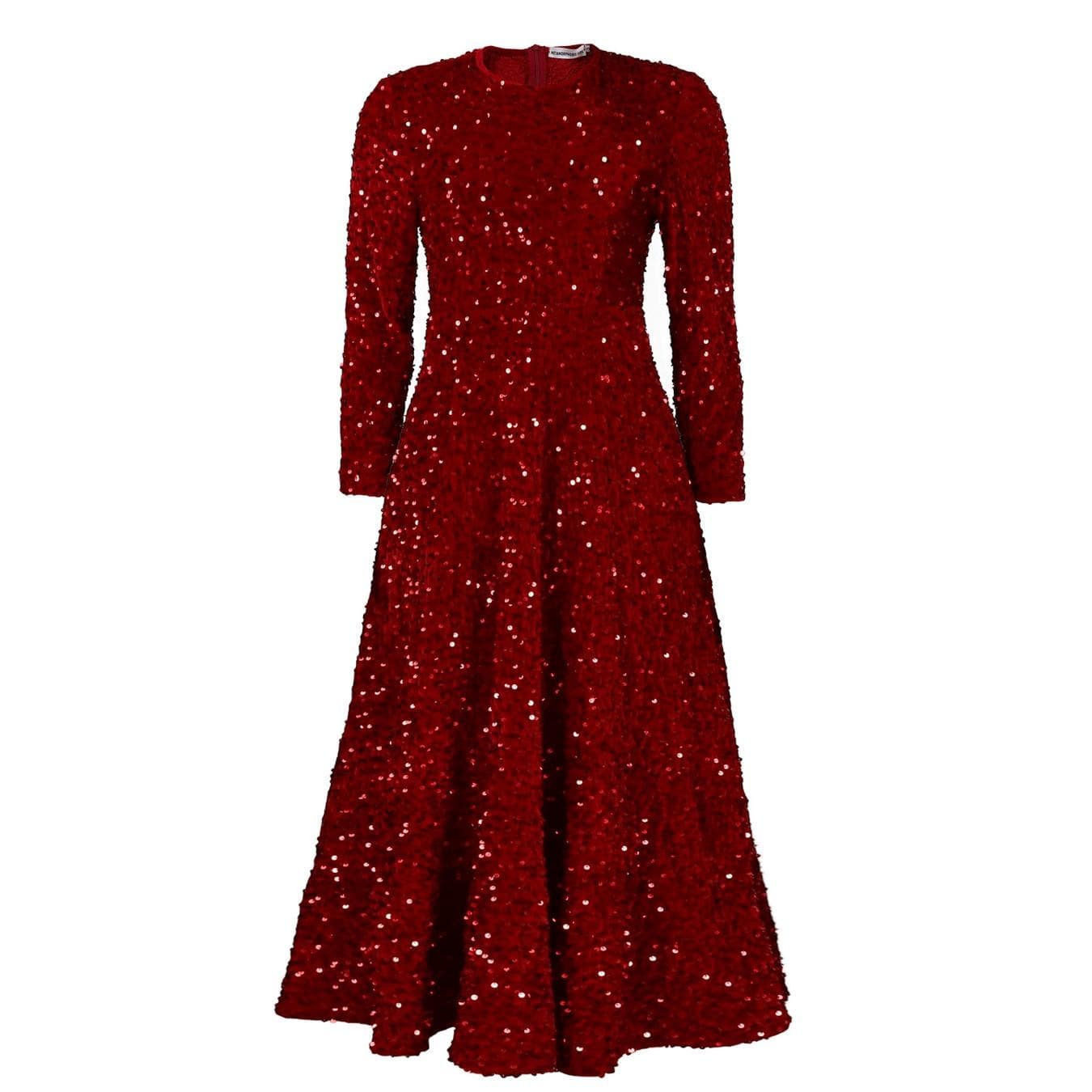 IHUASU Spring Autumn Women's Round Neck Long Sleeve Solid Color Sequin High Waist Style Long High Waist Dress XXXL red