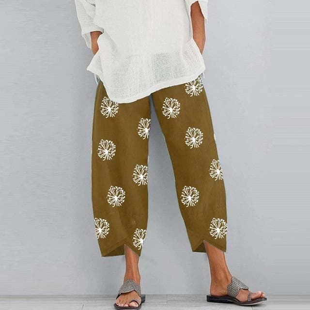 Women Vintage Harem Pants Floral Print Elastic Waist Plus Size Loose Trousers Cotton Linen Wide Leg Pant Loose Summer Pants XXXXXL khaki
