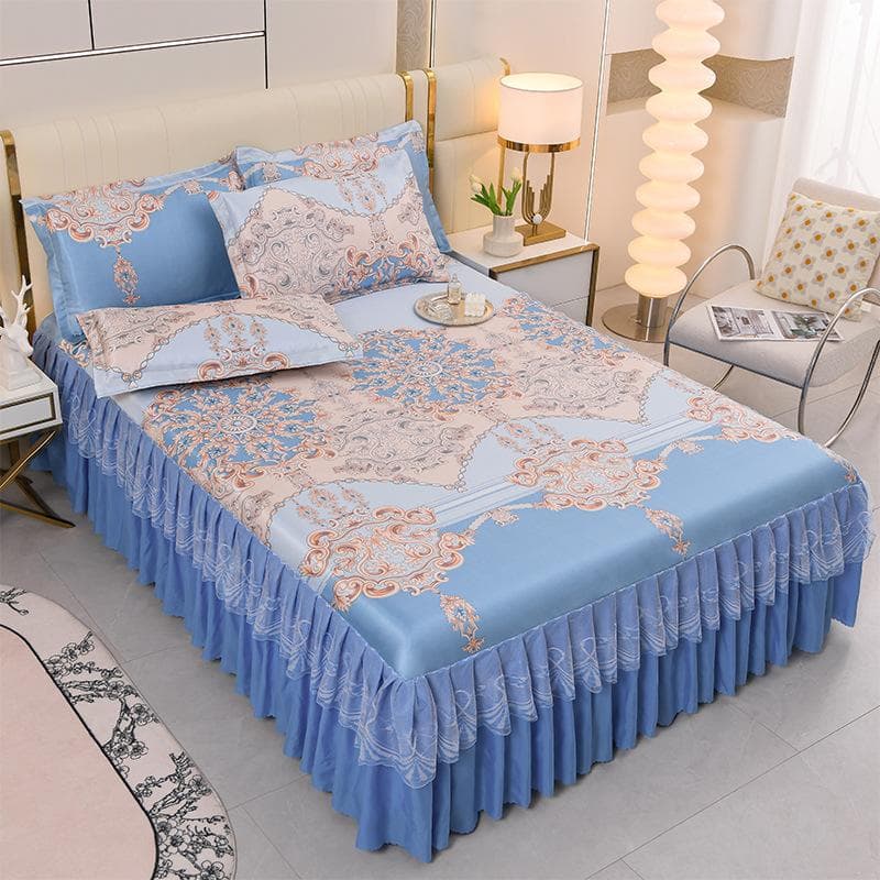 3Pcs/Lot Double Bed Sheet Set Classic Lace Royal Blue Bed Sheet Bed Skirt, Machine Washable Wedding Bedspread Mattress Cover 200X220CM