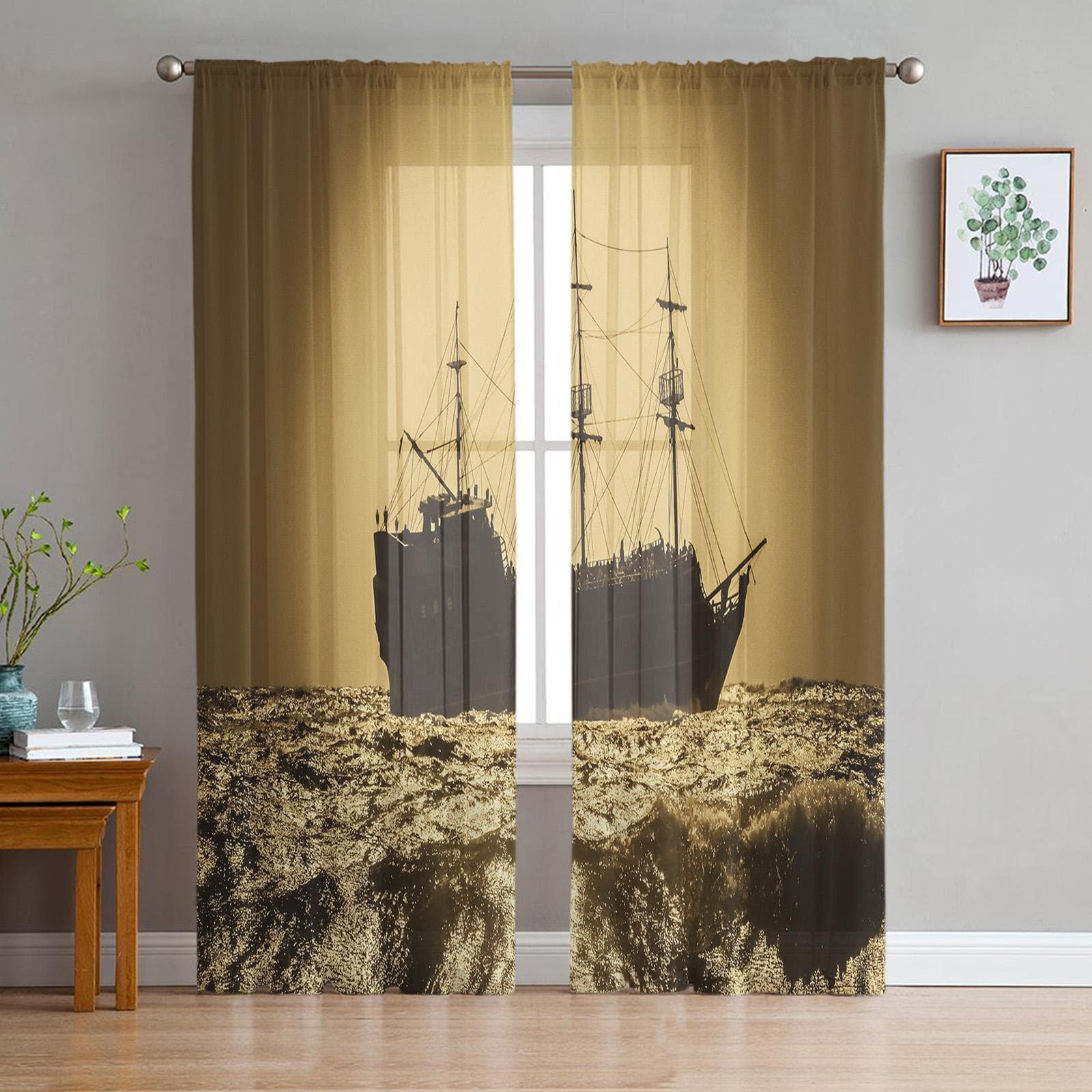 Tulle Curtains for Living Room Ship Ice Cube Cold Bedroom Study Window Sheer Curtains Kitchen Balcony Interior Voile Curtains 135W x 114H(cm)