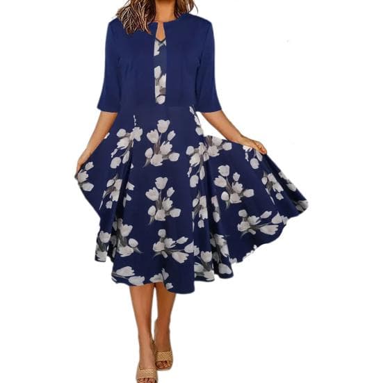 2 Pcs/Set Women Coat Dress Set Half Sleeve Solid Color Cardigan Floral Print V Neck Sleeveless A-line Dress Formal Commute Style Lady Midi Dress Set L