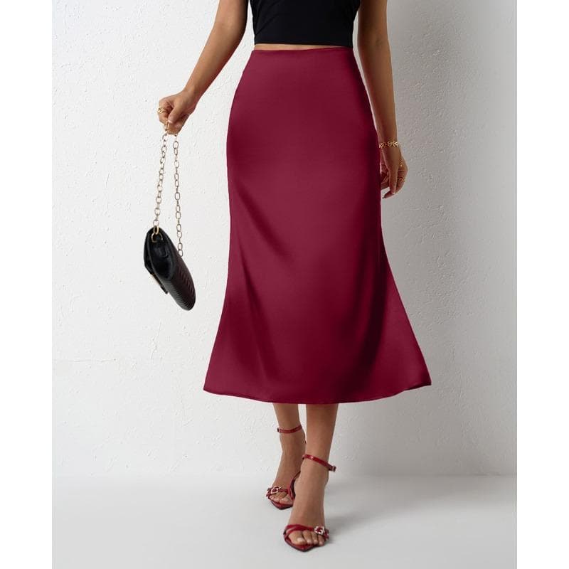 Women's Satin Skirt with Tail Fish Tail for Spring and Summer L burgundy