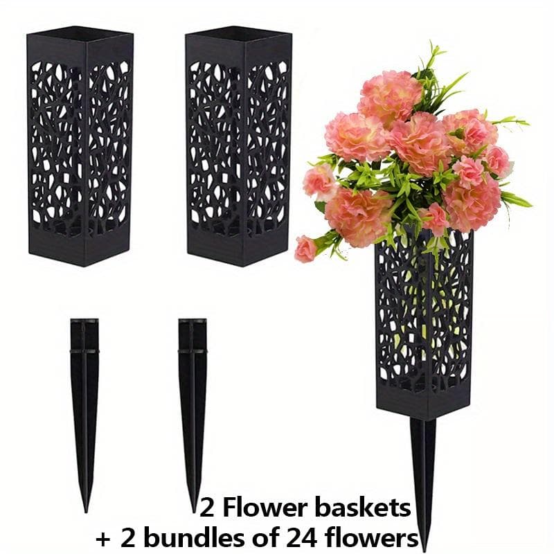 24 Heads of Simulated Flowers and 2pcs Patio Ground-Plug Flower Basket, Carnation Watercress Mixed Bouquet pink
