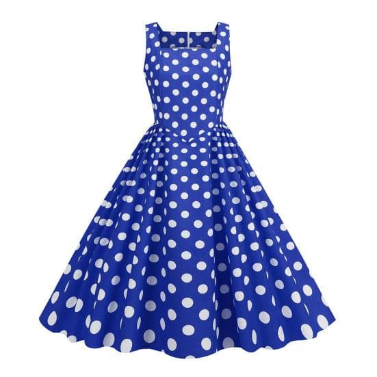 Women Dress Retro A-line Big Swing Tight High Waist Sleeveless Square Neck Dot Print Back Zipper Contrast Color 50s 60s Party Wedding Prom Midi Dress M blue