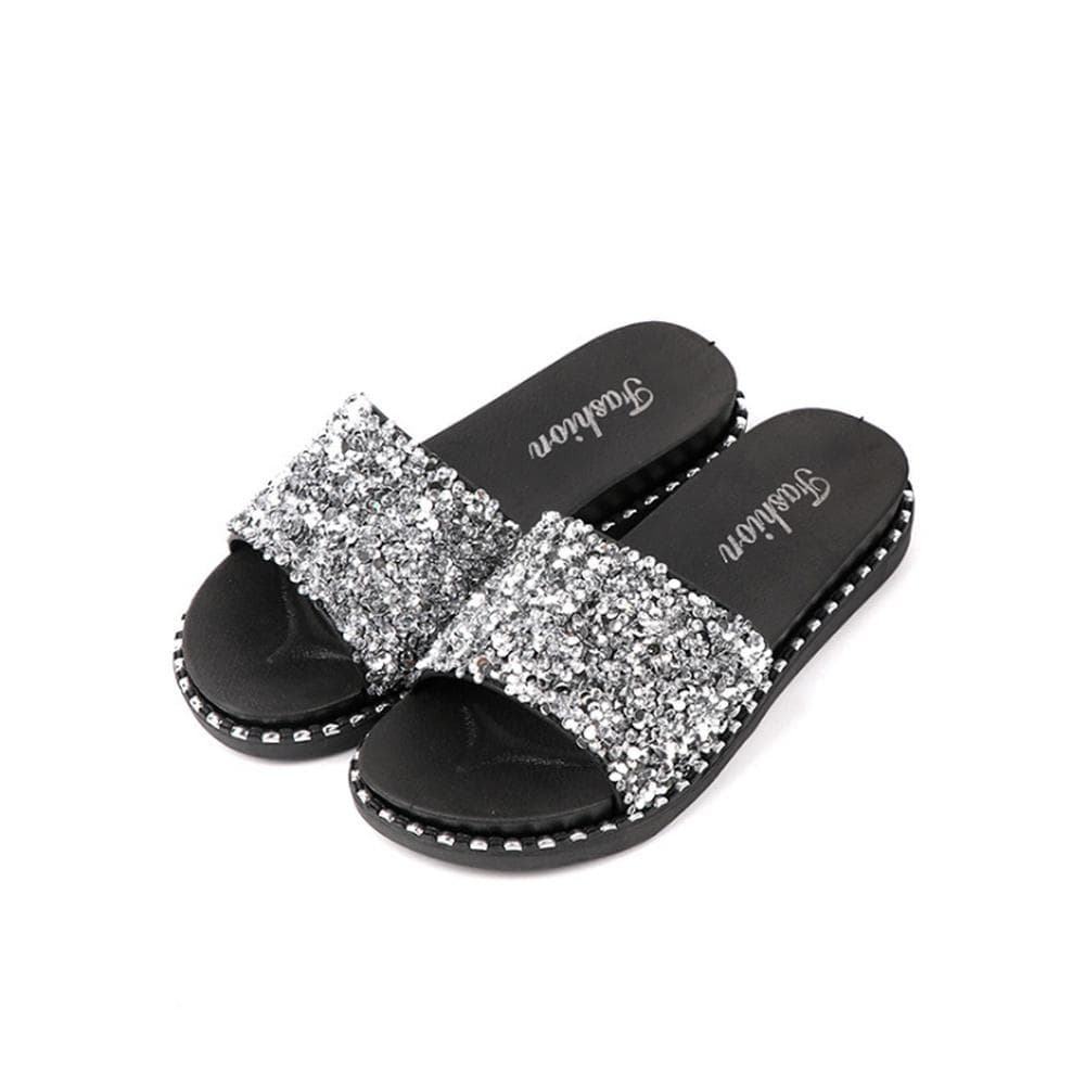Fashion Sequined European and American Casual Sandals and Slippers Women 2020 Summer Wear Flat-bottom Flip-flop Beach Shoes Sandals 39 silver