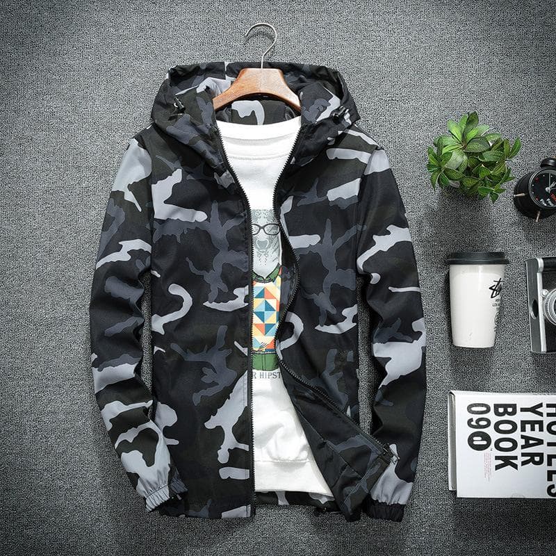 Camouflage Windbreaker Coat Spring and Autumn Student Couple Hooded Windbreaker Men's and Women's Cardigan Long Sleeve Outer Coat 5XL black