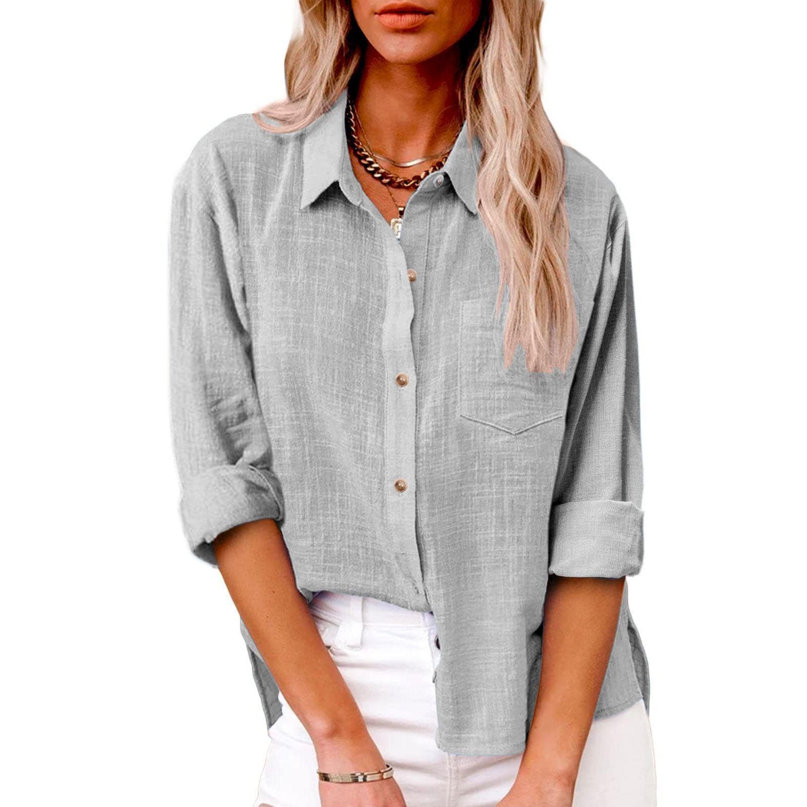 Thin Fabric Spring Autumn Pocket Split Long Sleeve Blouse Women's Breathable Soft Top Plus Size Cotton Linen Shirt M gray