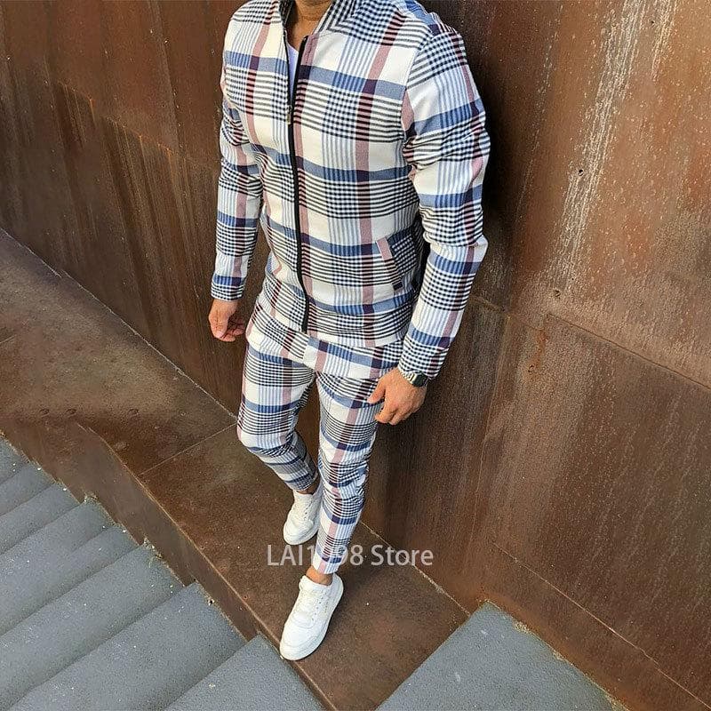 2024 Male Spring Autumn 3D Plaid Jacket Male Suit Casual Clothing Man Sets+Pants 2 Piece Sets Fashion Men's Tracksuit Sportswear XXL