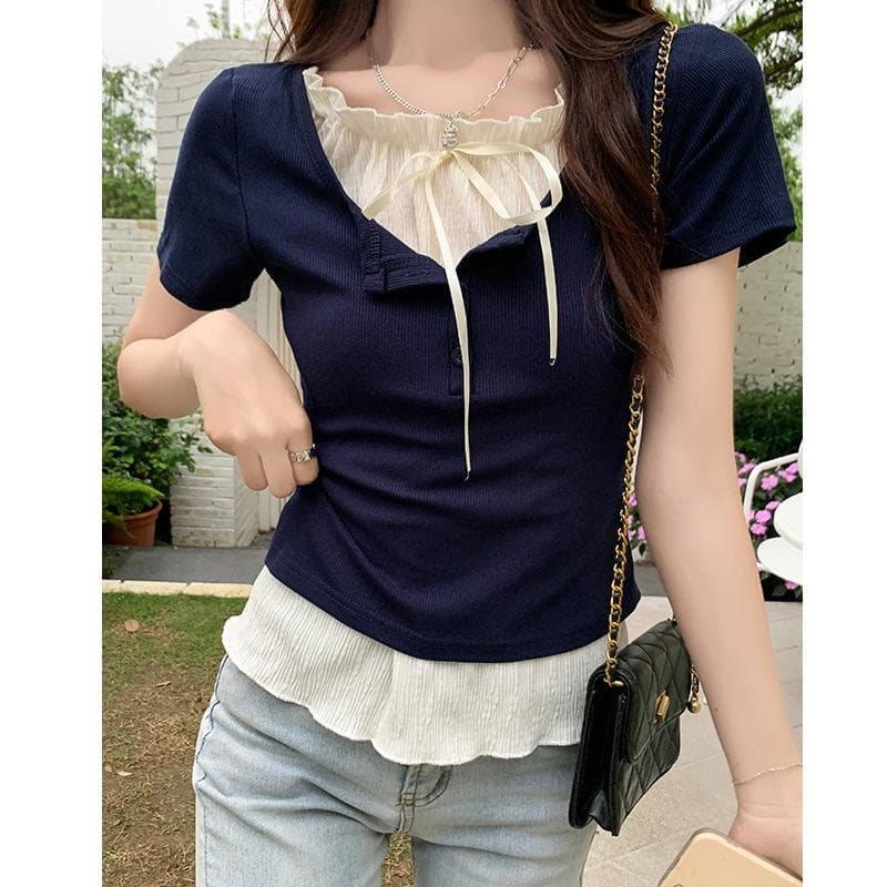 Pure Desire Ballet Style Fake Two-piece Strap Short-sleeved T-shirt for Women In Summer New Black Ears Short Top 2XL navy blue