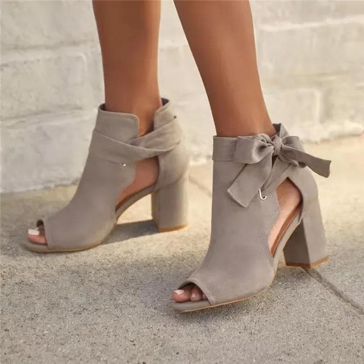Women Chunky High-heeled Pumps 2024 ummer Cloth Side Empty Knotbow Black Red Sandals Casual Peep Toe 39 light grey
