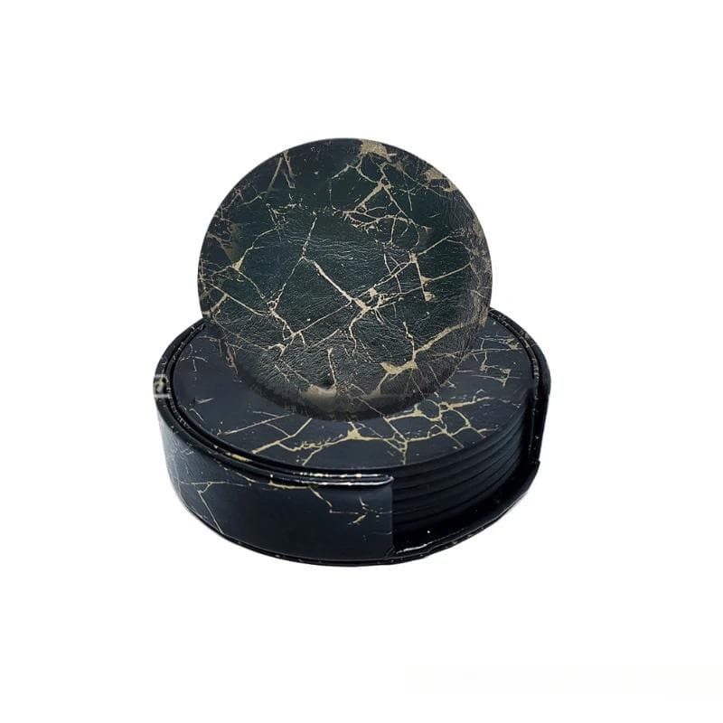 6pcsMarble Coaster Artificial Leather 10cm Oil and Water Resistant Heat Resistant with Base Double Sided Leather Coffee Coasters
