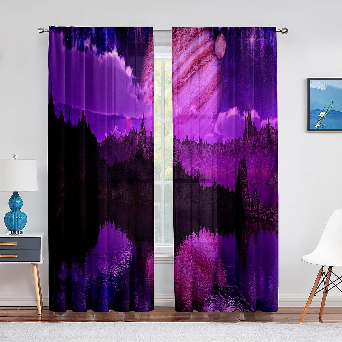 Purple Flower Field Lonely Tree Fantasy Sky Tulle Curtains for Living Room Bedroom Kitchen Sheer Voile Curtains Window Drapes 1 PCS W100XH250cm&Grommet Top