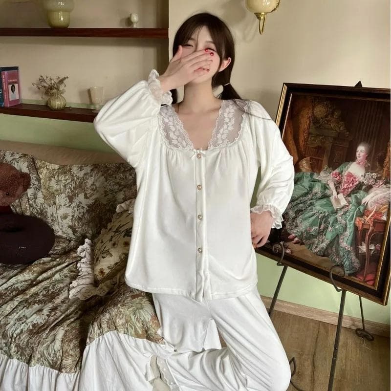 Pajamas Women's Winter Korean-style Desire Girl's Lace Embroidered Fleece-lined Thickened Warm Cardigan Trousers Home Clothes XXL beige