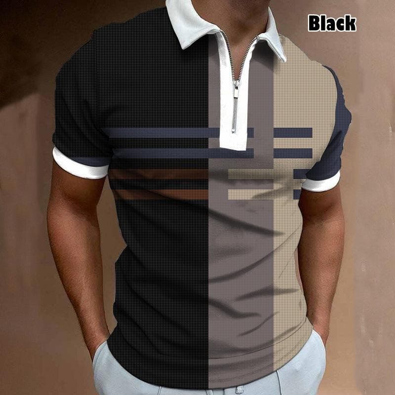 Striped Men's Office Zipper POLO Shirt Short-sleeved T-shirt M black