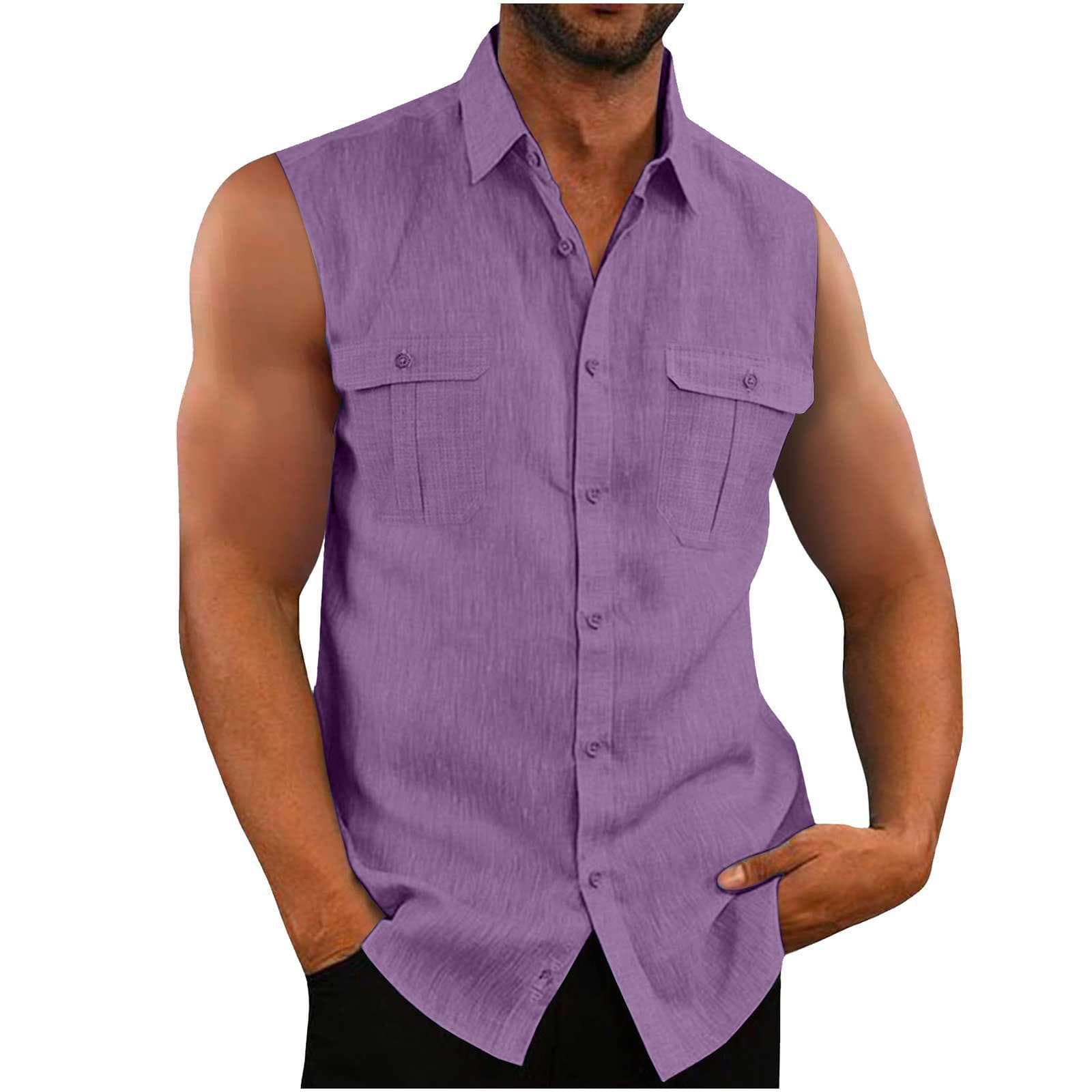Men's Shirt Double Pocket Cotton Linen Sleeveless Shirt Comfortable and Breathable Men's Tank Top XXL purple