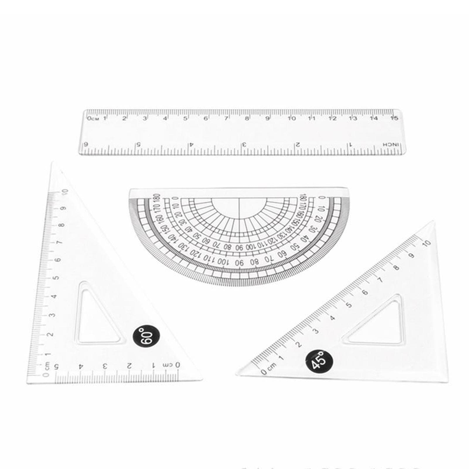 4 Pieces Clear Plastic Math Geometry Tool Ruler Set Includes 6-Inch Straight Ruler & 2pcs Triangle transparent