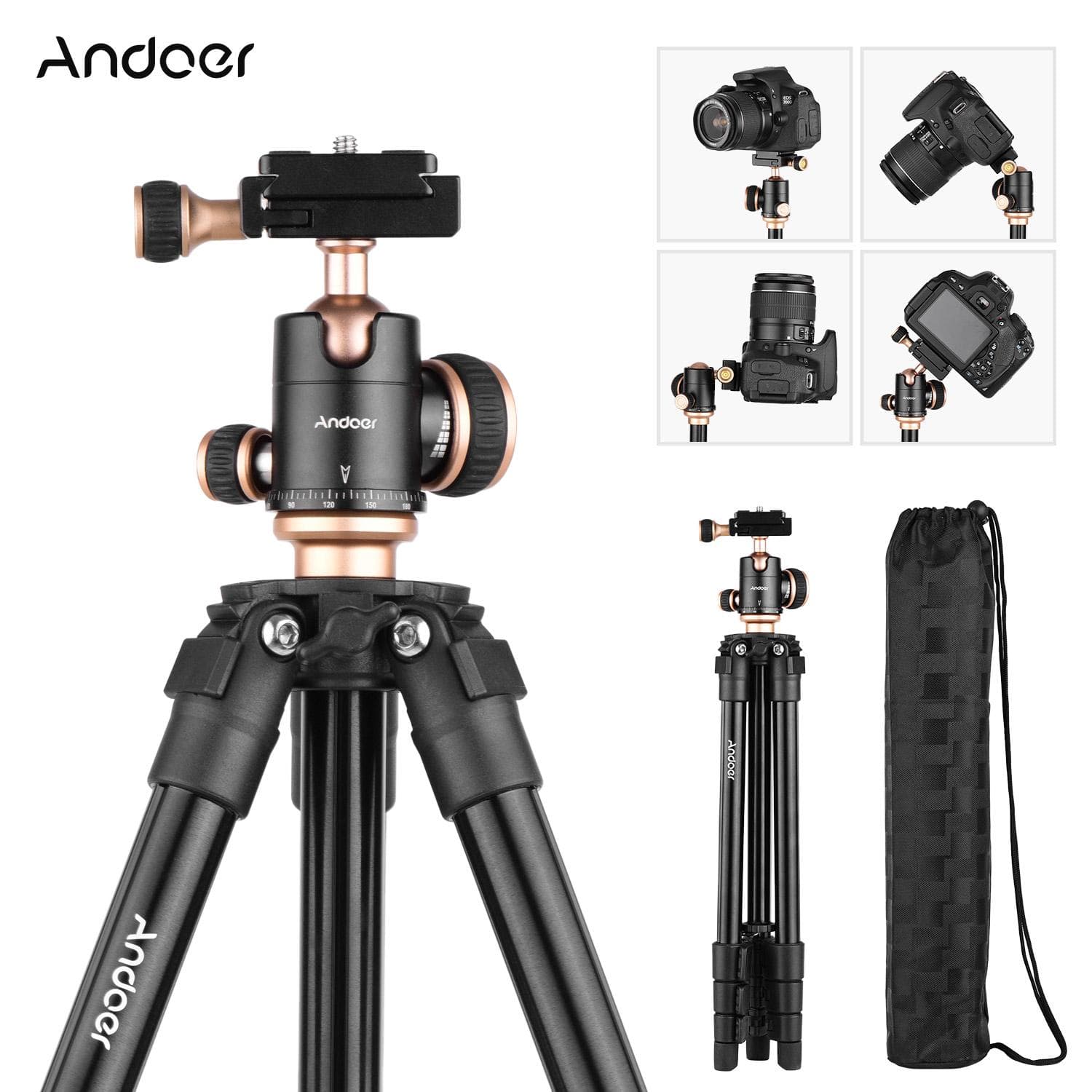Andoer Q160SA Camera Tripod Complete Tripods with Panoramic Ballhead Bubble Level Adjustable Height black