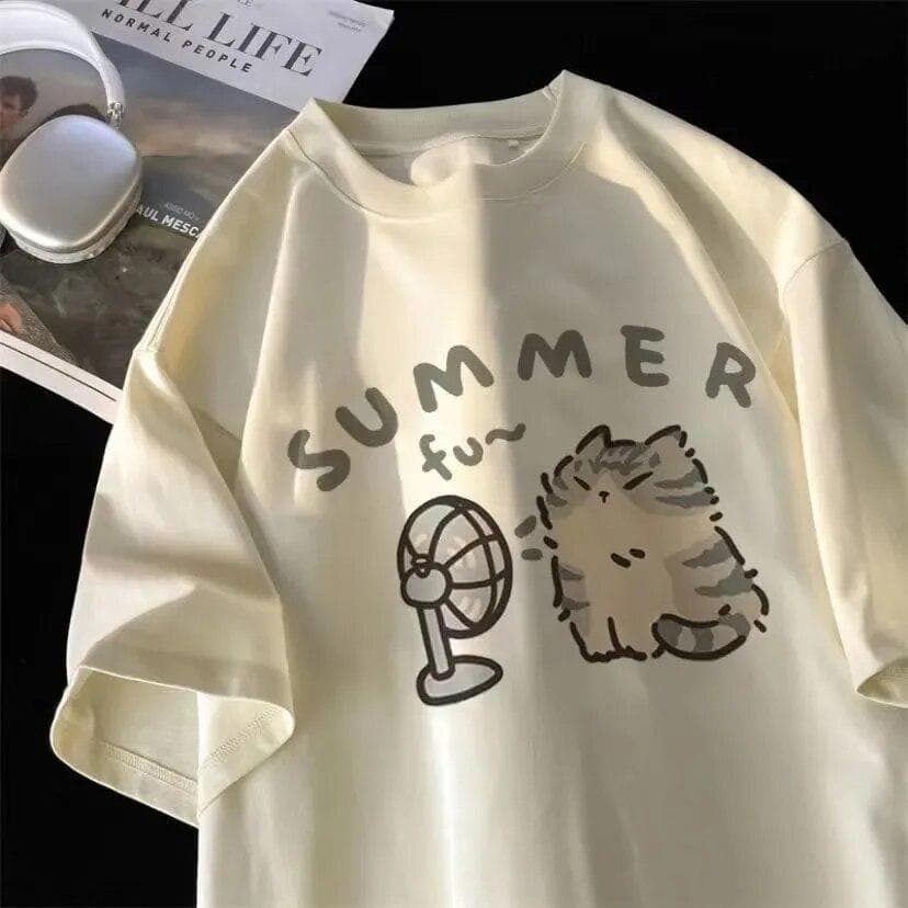 Fan Cat and Women Pure Cotton T-shirt for Men American Street Creative Blow Summer Relaxed Short Sleeve Couple Wear M beige