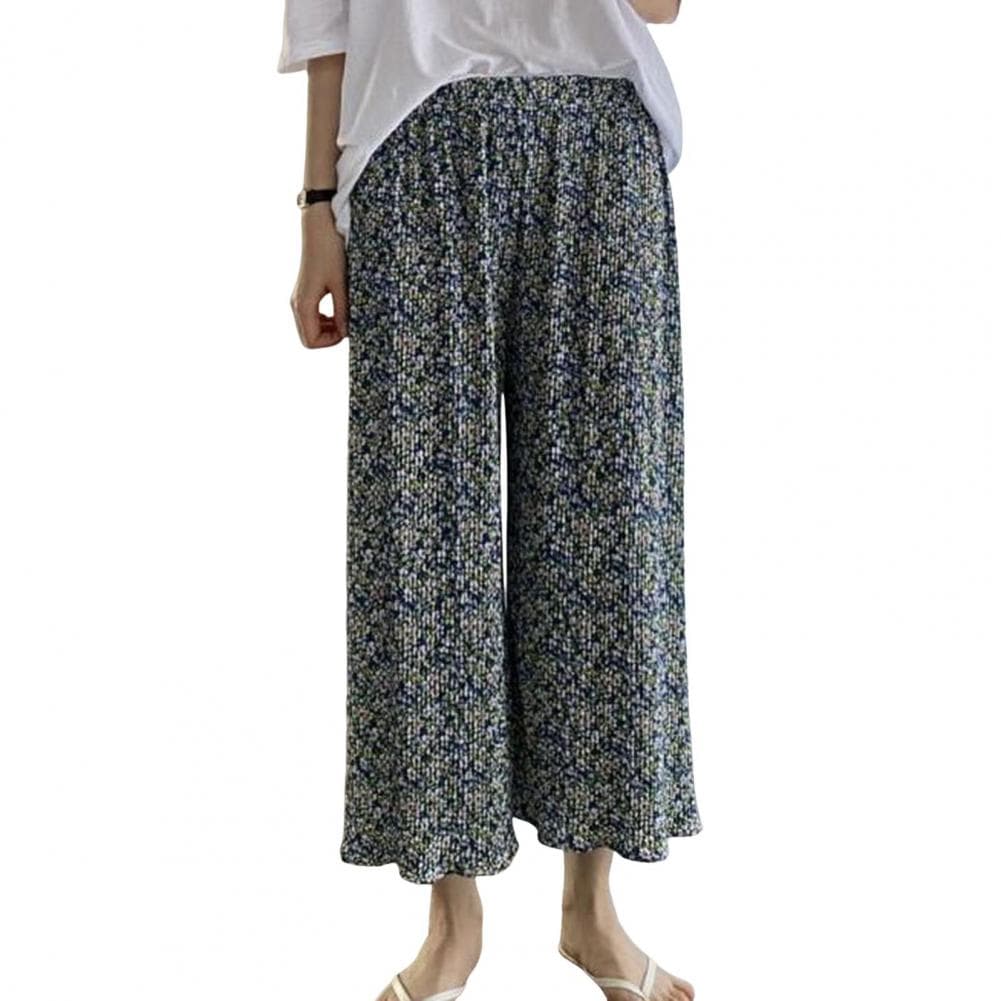 Comfortable Loose-fit Trousers Floral Printed Wide Leg Trousers for Women Elastic High Waist Lounge Pants with Draped Pleats One Size