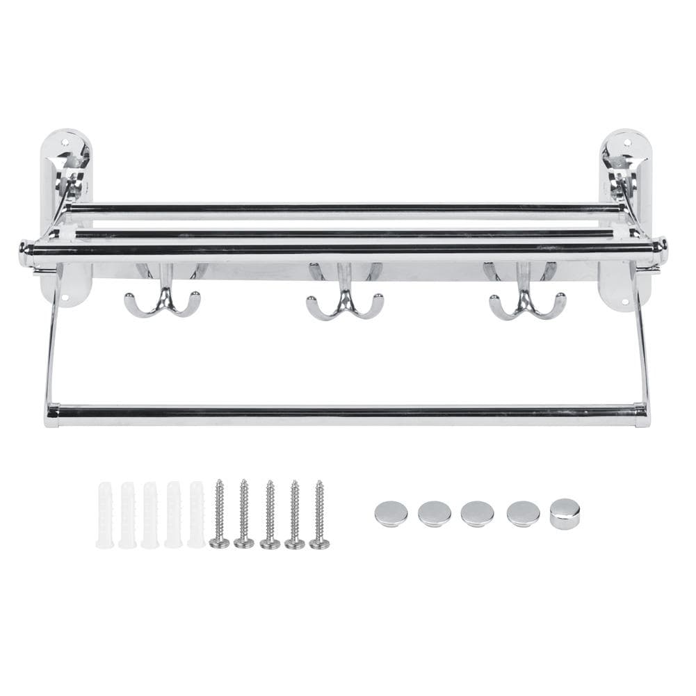 Bathroom Stainless Steel Wall Mounted Folding Towel Rack Storage Holder Shelf with 3 Hooks