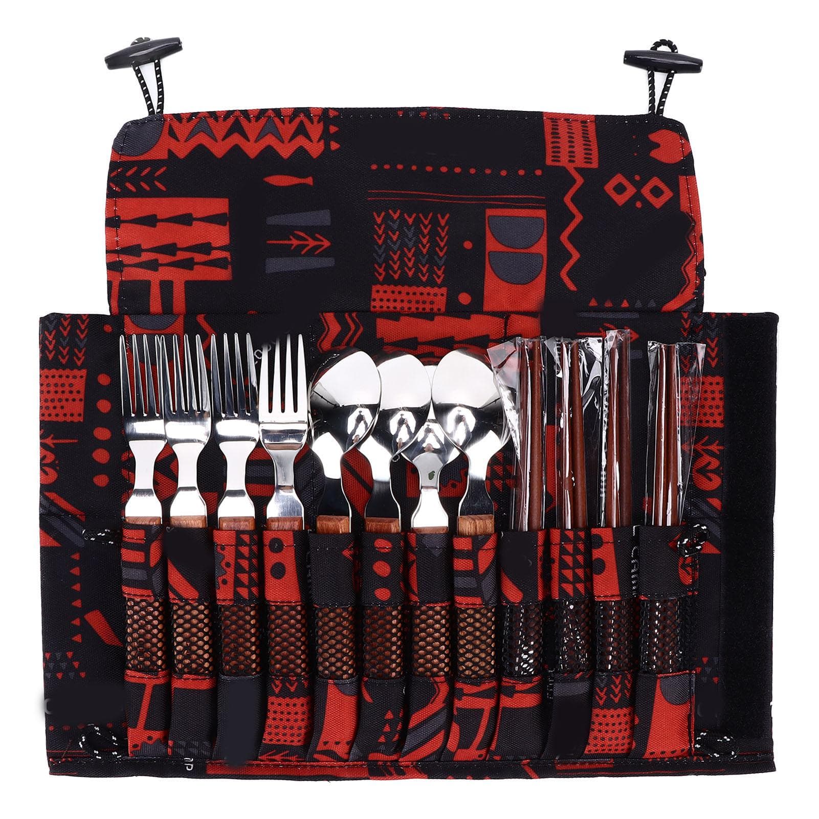 12 Pcs Stainless Steel Wooden Handle Tableware Set Outdoor 4 Person Spoons Forks Chopsticks Set for L