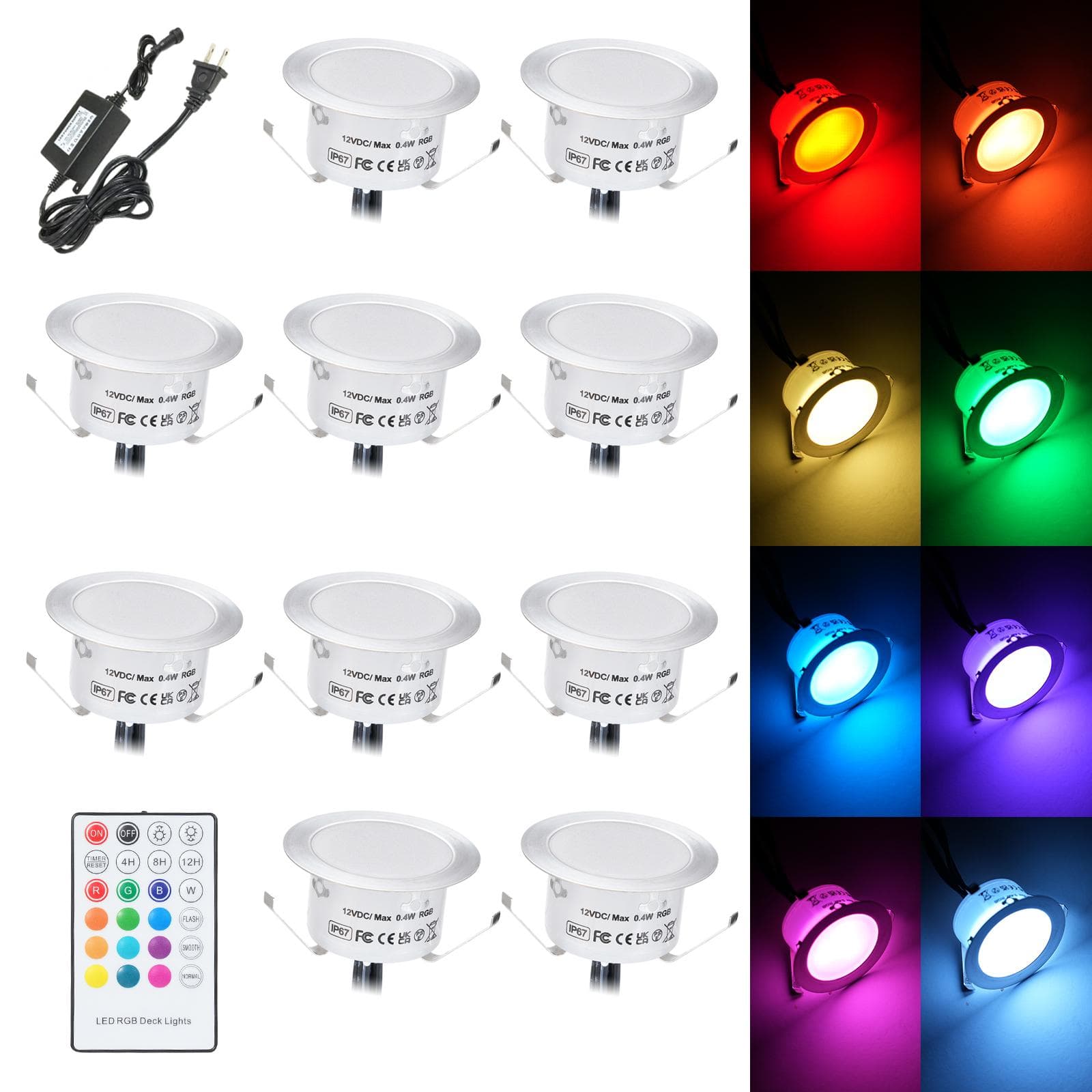 10 Packs RGB LED Deck Light Dimmable Color Changing Buried Light IP67 Waterproof Outdoor Landscape US Plug 10 Packs