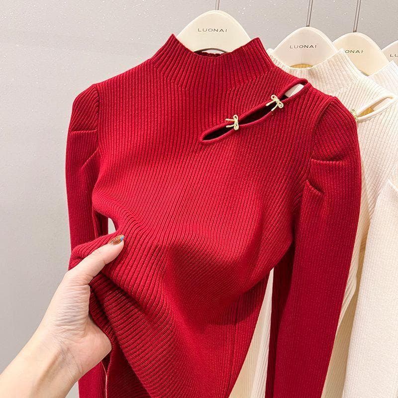 One Piece Velvet High Neck Sweater with Thick Velvet Base for Wome Winter Rivet Knitted Sweater with Inner Top 2XL red