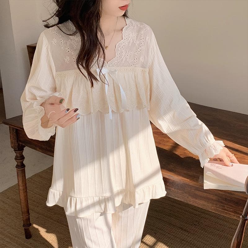 Korean Style Pure Cotton Pajamas Set Square Neck Long Sleeves Trousers Women Solid Color Kawaii Women's 2 Piece Pajamas Set Elegant M
