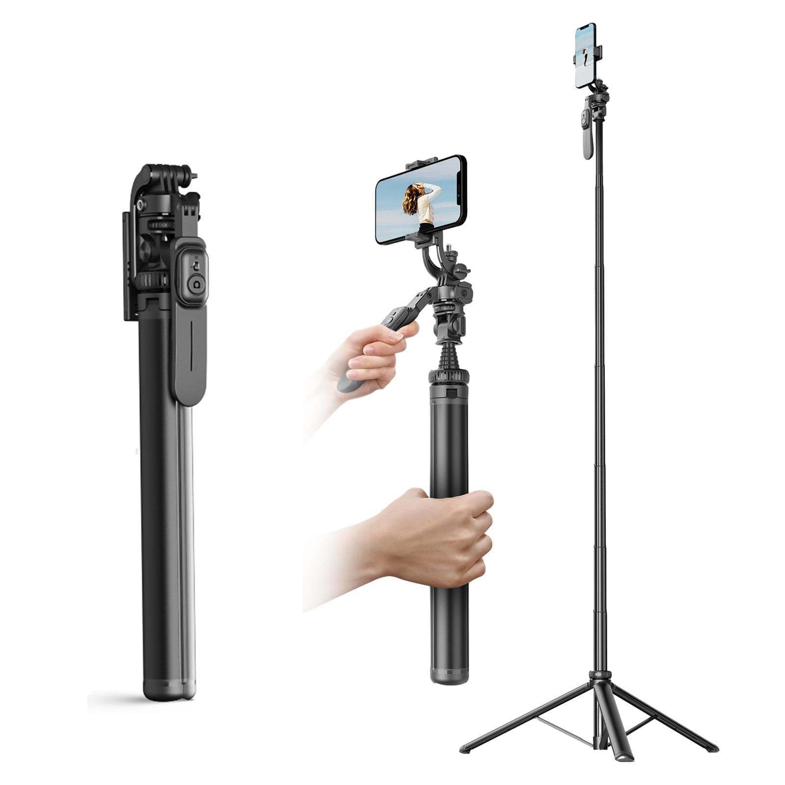 91.7-Inch Multi-function Selfie Stick Portable Gimbal Stabilizer with Aluminum Alloy Telescoping with phone clip ballhead black