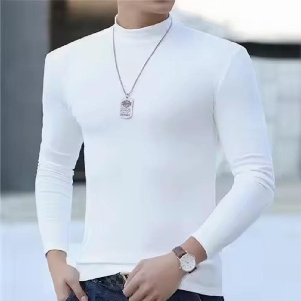 Autumn Winter Men's Mock Neck Long Sleeve Slim Fit Solid Color High Elastic Bottoming Pullover Basic Style Male Top XL white