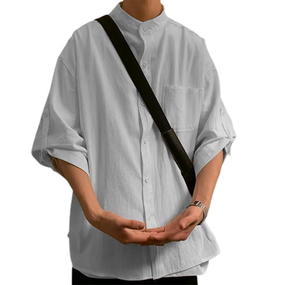 Men Simple Stand Collar 3/4 Sleeve Casual Shirt Solid Color Loose Fit Single-breasted Patch Pocket Shirt Tops Workwear M white