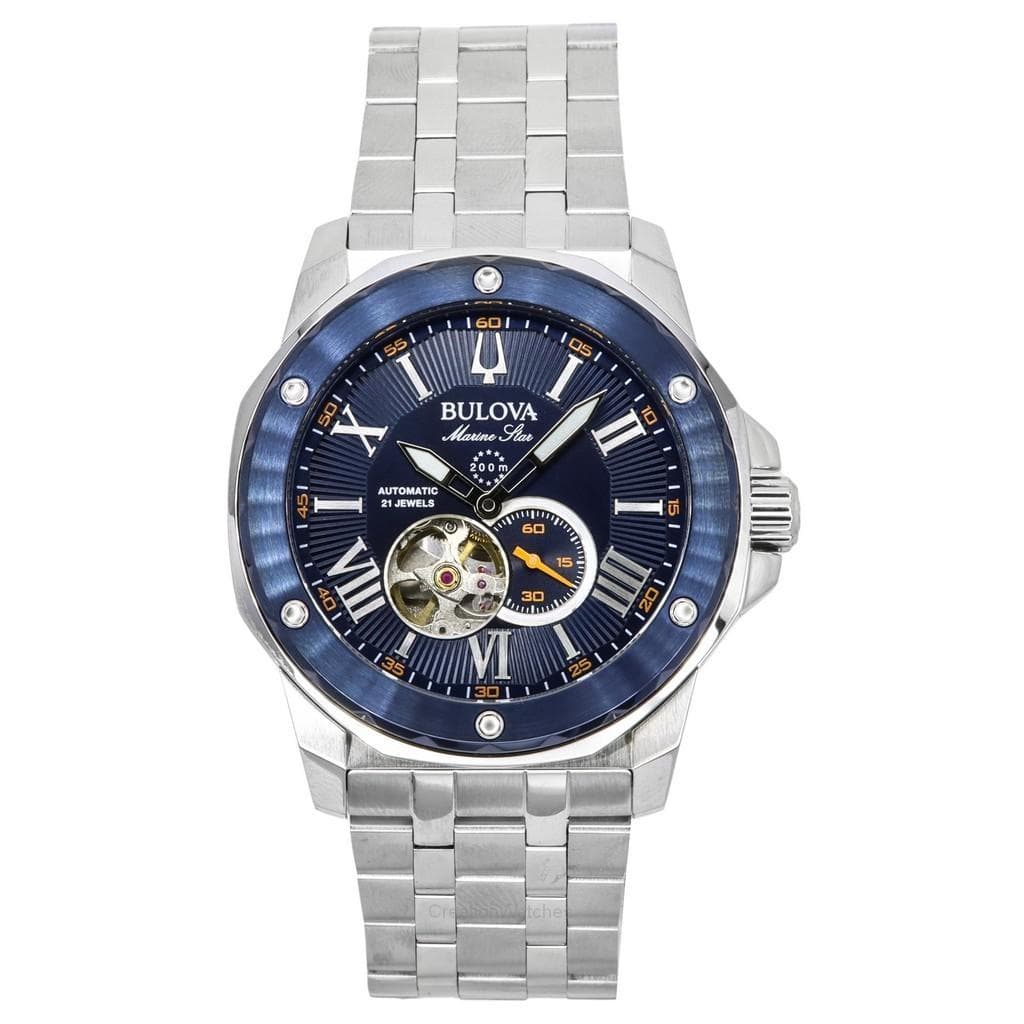 Bulova Marine Star Stainless Steel Open Heart Blue Dial Automatic 21 Jewels 98A302 200M Men's Watch blue