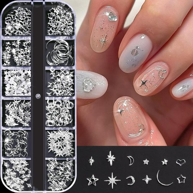 12 Grids Gold Moon Star Metallic Nail Charms 3D Y2K Jewelry Rhinestones Steel Ball Nail Art Decoration Manicure Supply Diy Nail Supplies silver