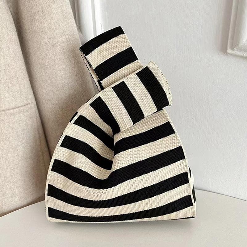 Fashion Handmade Knit Handbags Women Mini Knot Wrist Bag Korean Casual Tote Bag Reusable Shopping Bags Horizontal stripe beige