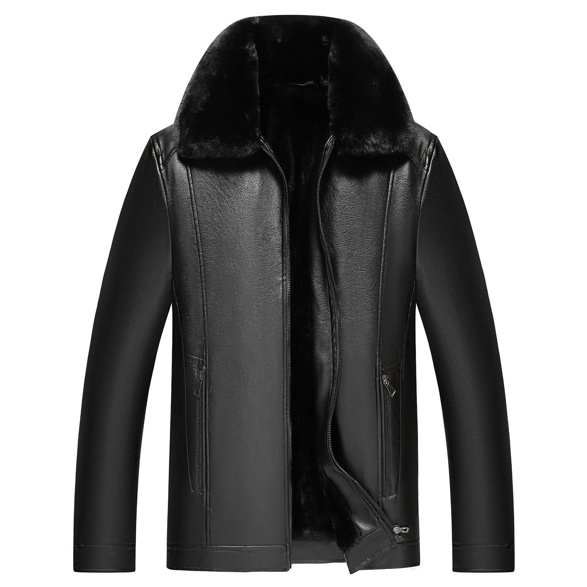 New Style Men's Middle-aged and Elderly Leather Jackets with Velvet and Thickened Large Fur Collar Leather Jackets Casual Dad Leather Jackets L black