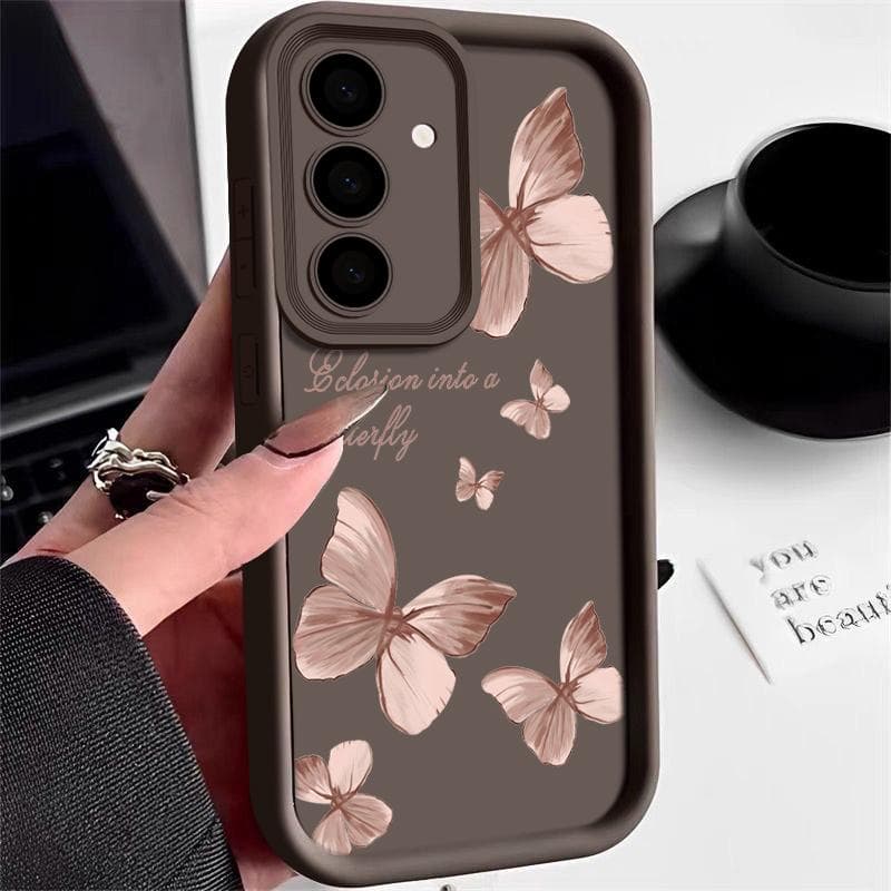 For Samsung S25 S24 S26 S22 Ultra Plus S23 S21 S20 Fe A55 A54 A53 A52 A35 A15 5g A17 A37 A57 Butterfly Patterned Shockproof Silicone Soft Case Cover Samsung S25 Plus coffee