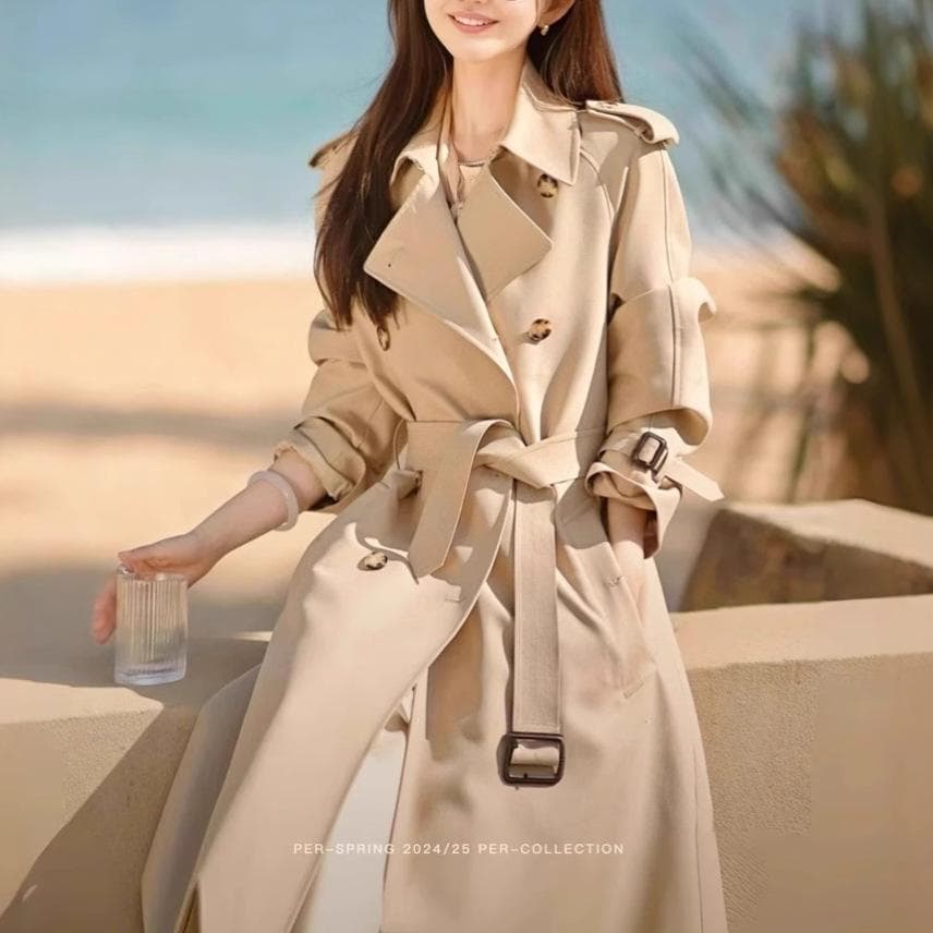 Khaki Windbreaker Jacket for Women Spring and Autumn New Mid-length British Style Girls' Coat Jacket XL