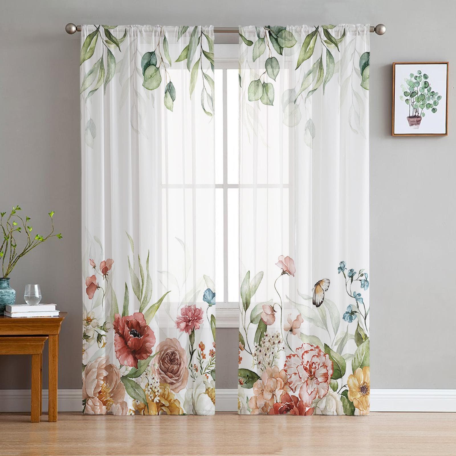 Spring Eucalyptus Flower Rose Voile Sheer Curtains Living Room Window Chiffon Tulle Curtain Kitchen Bedroom Drapes Home Decor 135W x 114H(cm)