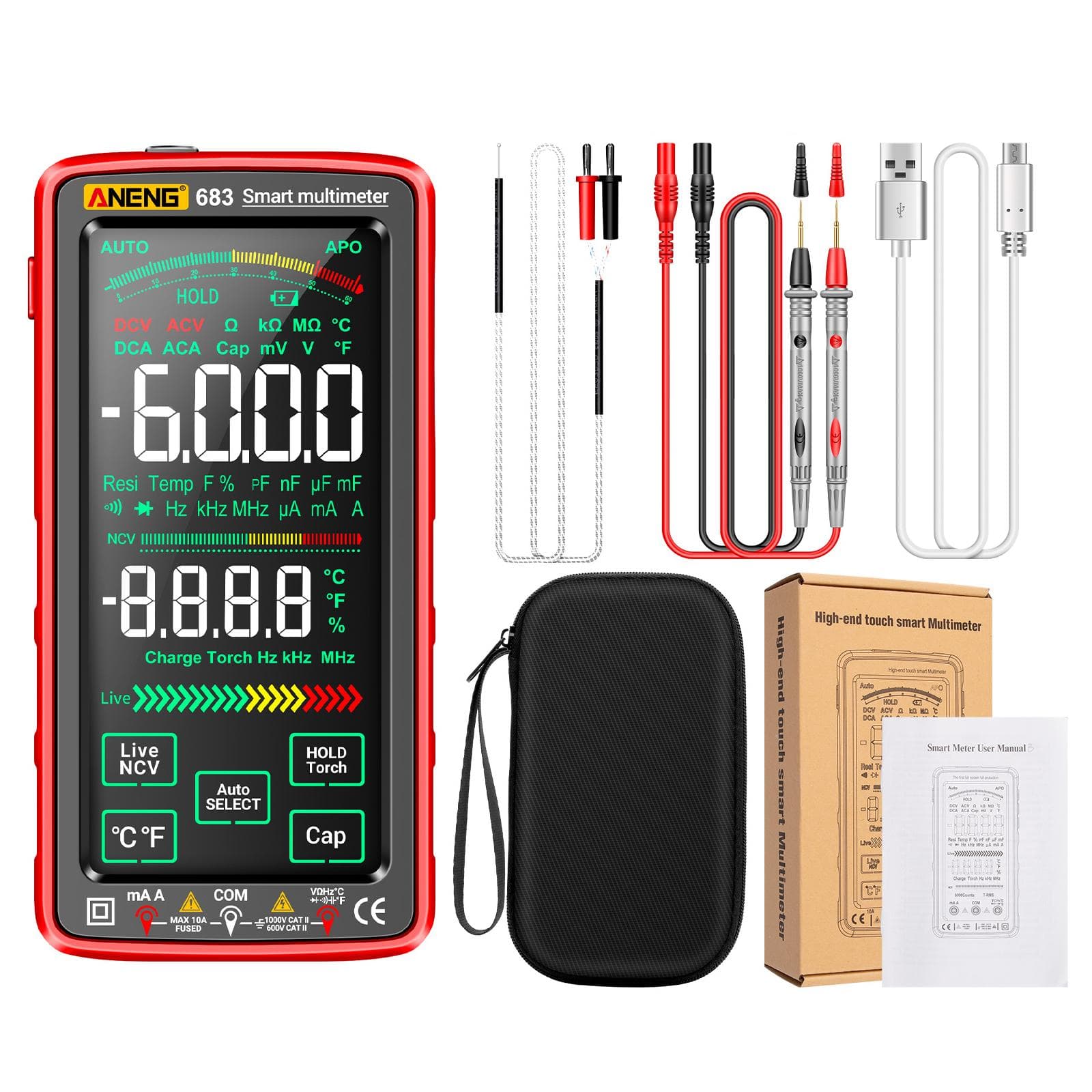 ANENG 683 6000 Counts Large Touch Screen Digital Multimeter Smart Anti-burn Rechargeable Universal red