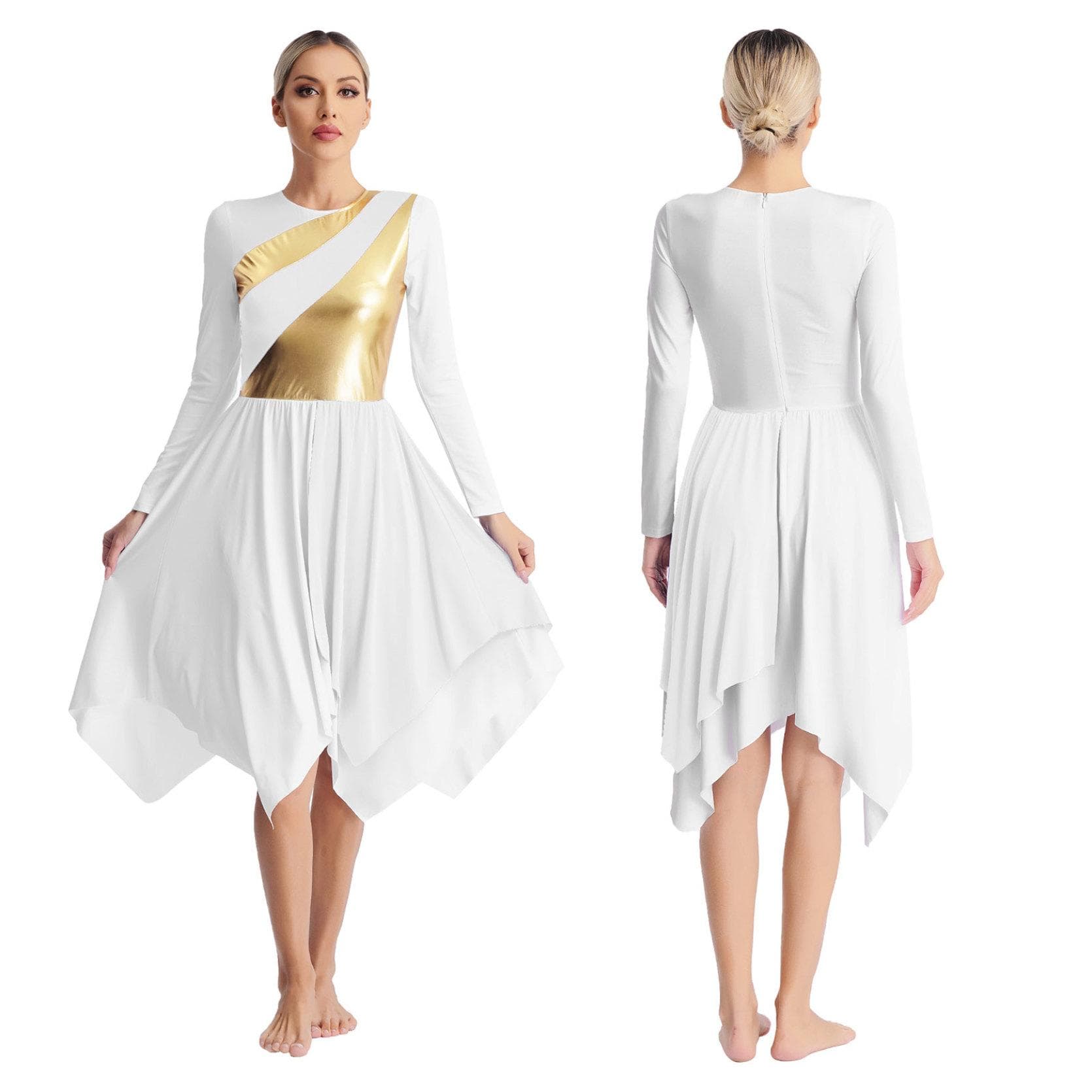 Womens Liturgical Lyrical Dance Dress Long Sleeve Metallic Contrast Color Asymmetrical Dresses Worship Performance L white