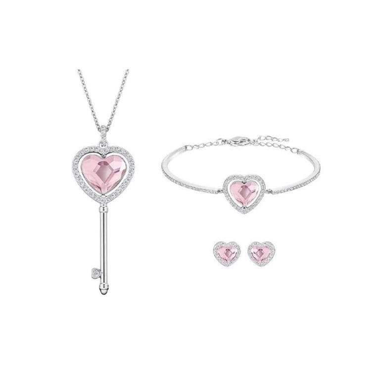 Swarovski Engaged Fashion Heart Stud Earrings Bracelet Key Long Necklace Set Women accessories Pink 5225370 Box+Shopping Bag (Random Color)