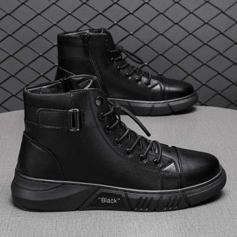 Fashion Men Leather Boots 2024 Trends Brand Motorcycle Driving Shoes High Top Casual Comfortable Waterproof Platform Work Boots 40 black